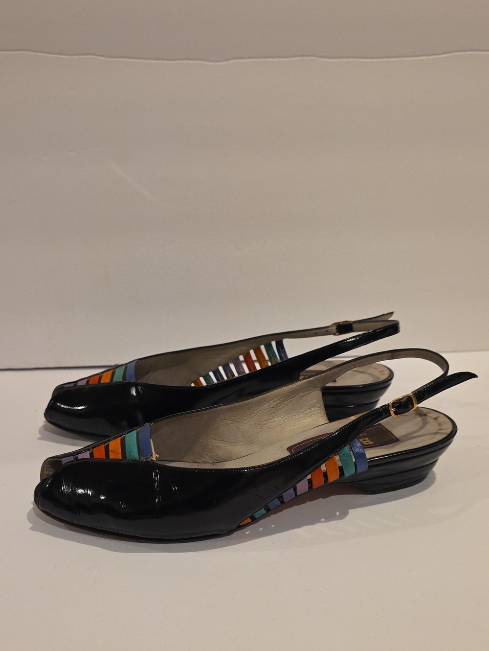 Bally Womens Size 8 B Black Patent Slingback Flats with Multicolor Stripe Accent